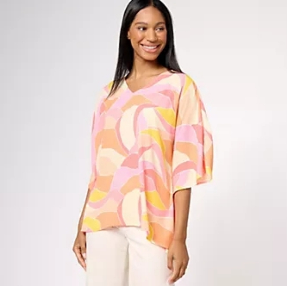 BELLE by KIM GRAVEL Woven Aloha Poncho Top NWOT